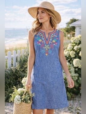 Talbots Women’s Linen Blend Embroidered Dress Blue Sleeveless Boho Coastal Sz 4